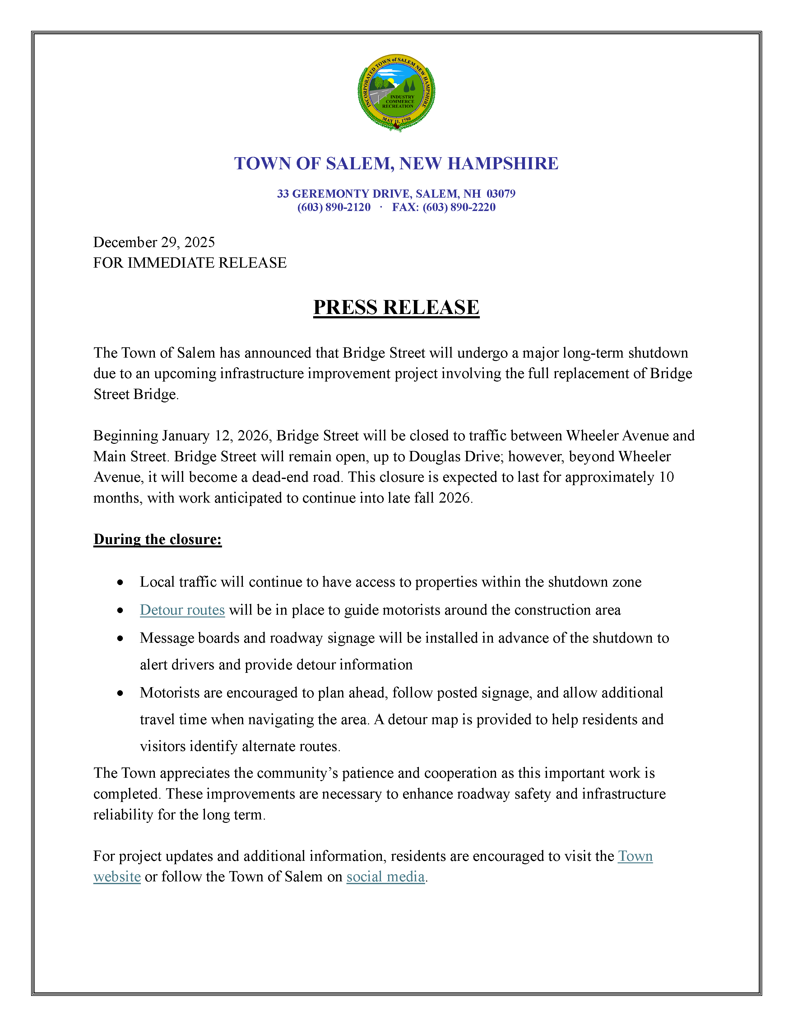 BRIDGE STREET PRESS RELEASE